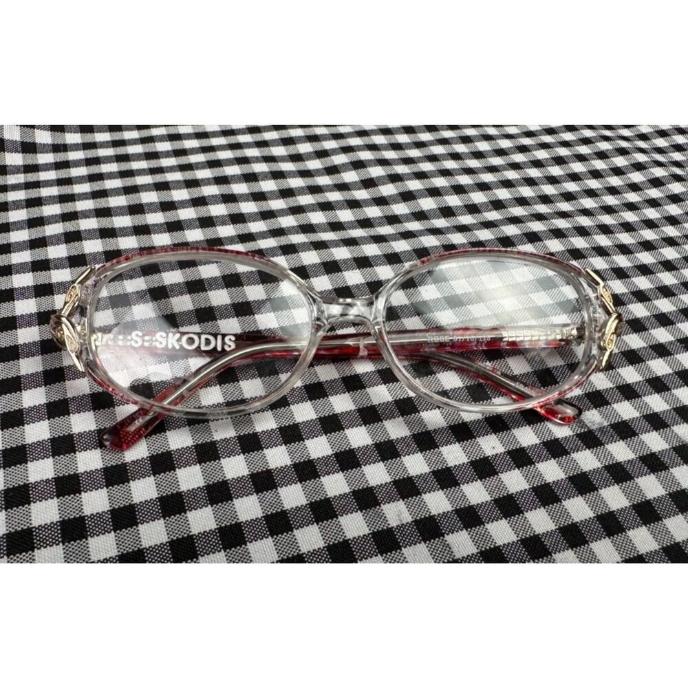 Skodis Clear Frame Glasses Red Burgundy Accents Gold Hardware Retro Rose